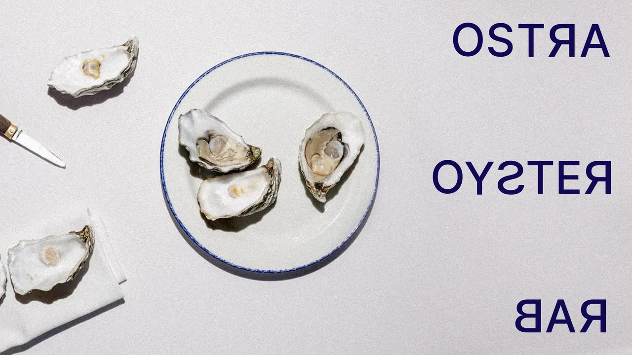 Oysters on a plate next to the Ostra Oyster Bar wordmark